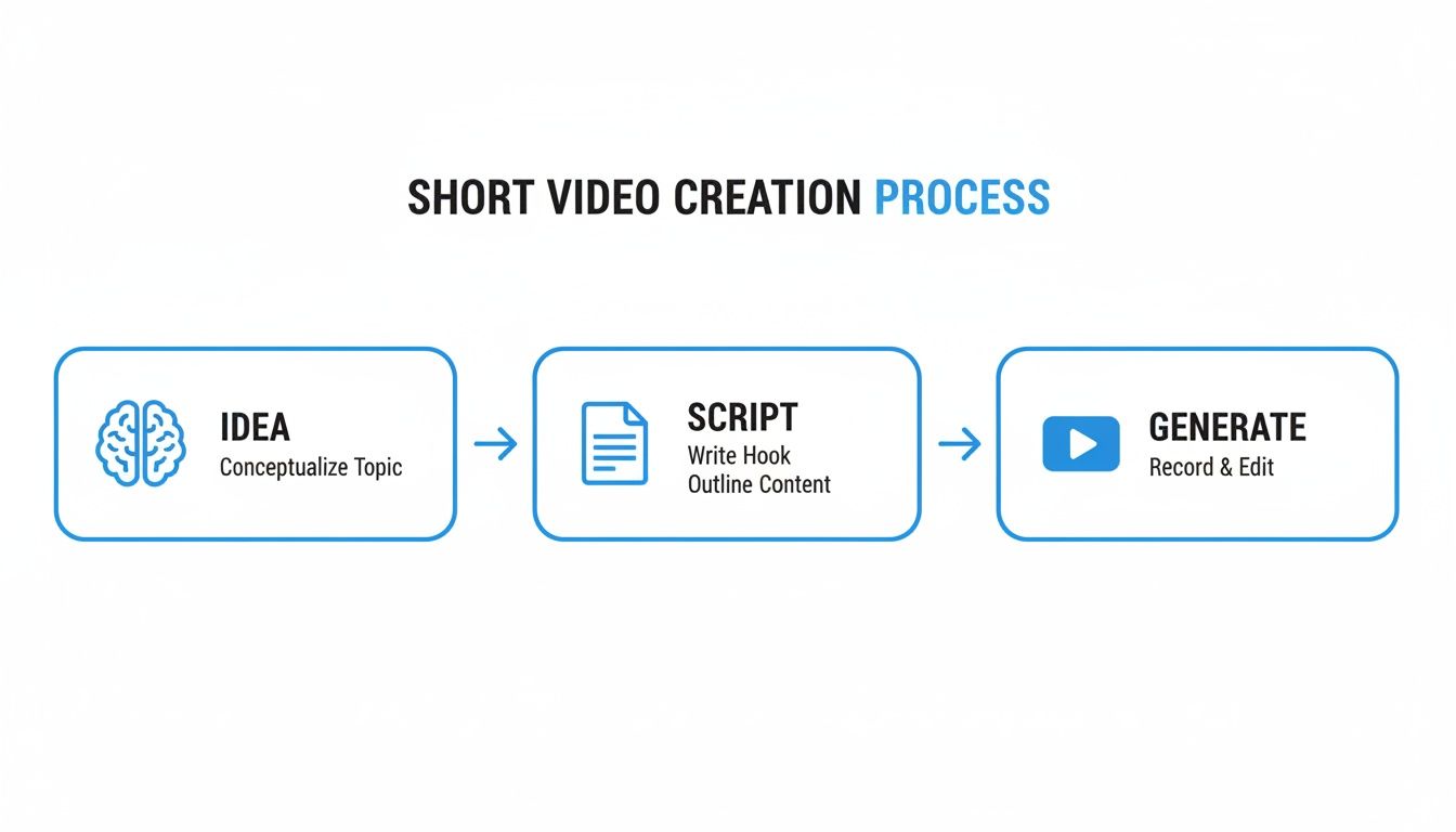 A simple flowchart showing the steps to create a short video: Idea, Script, and Generate.