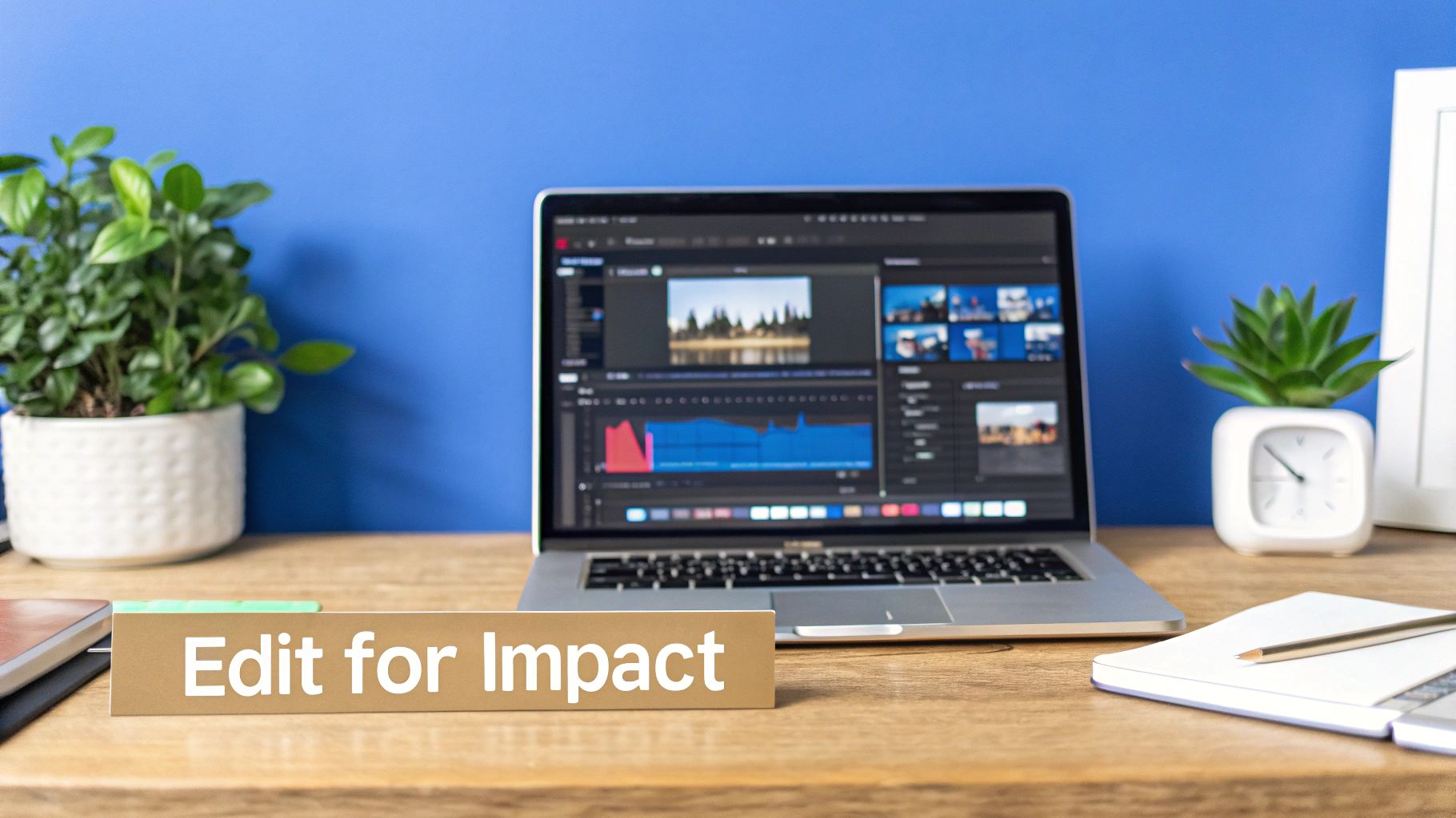Laptop displaying video editing software on a wooden desk with an 'Edit for Impact' sign.