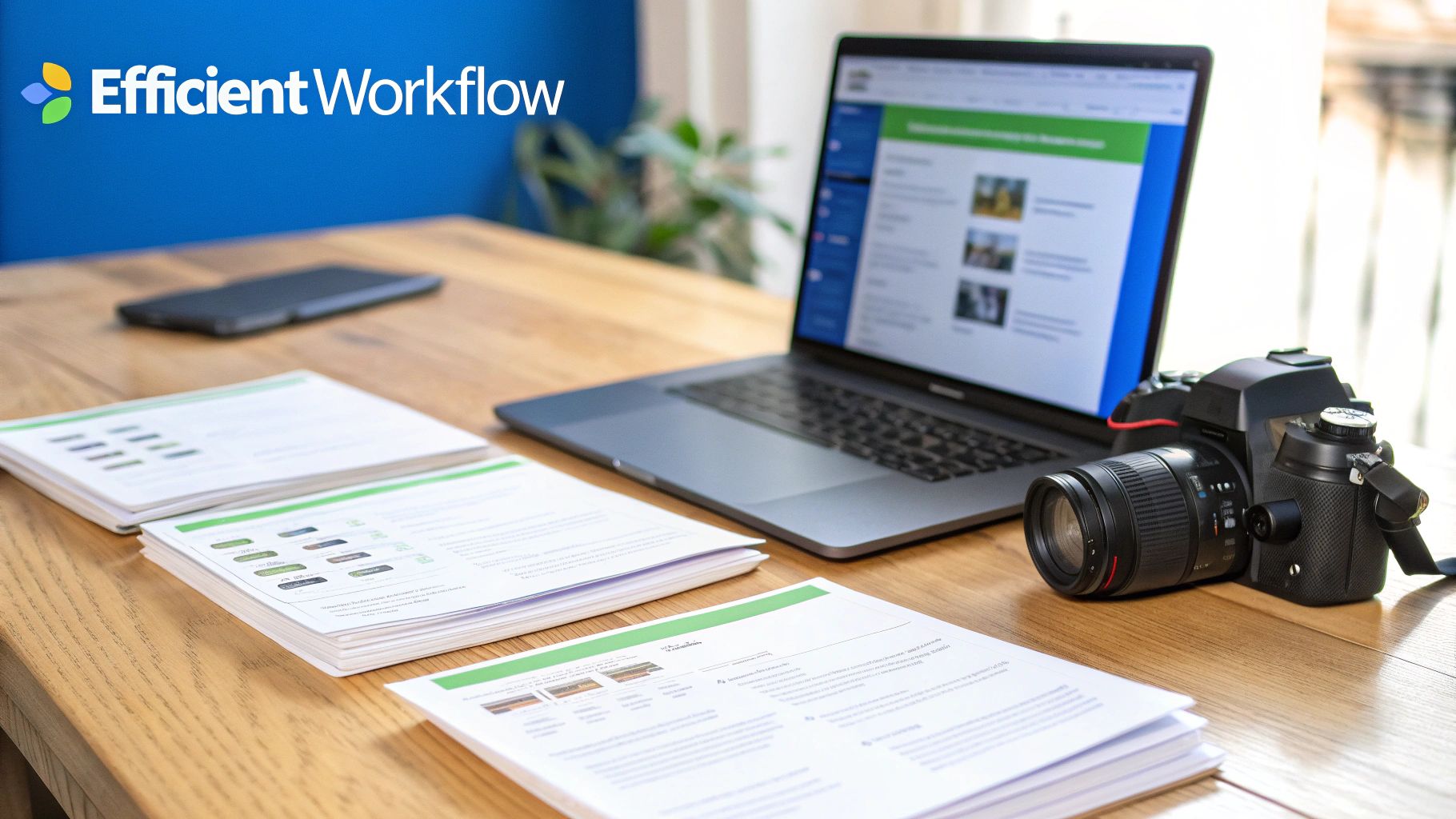 A modern workspace with a laptop, camera, and documents, featuring the "Efficient Workflow" logo.