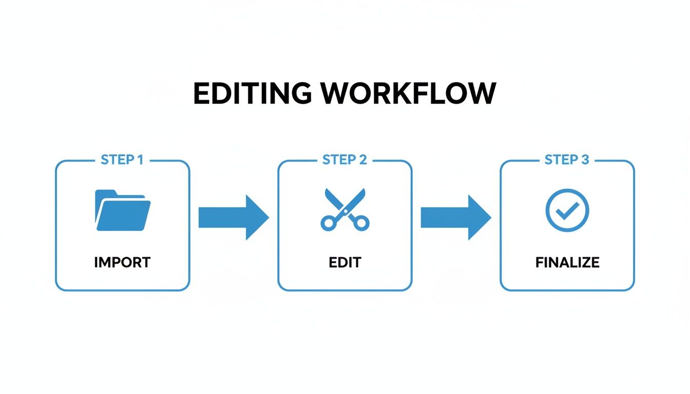 A three-step editing workflow diagram showing import, edit, and finalize processes.