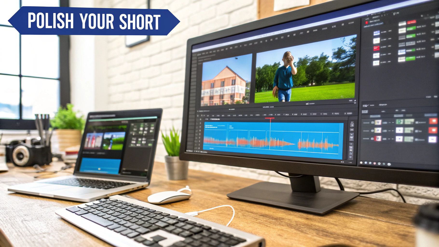 A creator adding final touches to a YouTube Short on a laptop, with brand logos and color palettes visible.