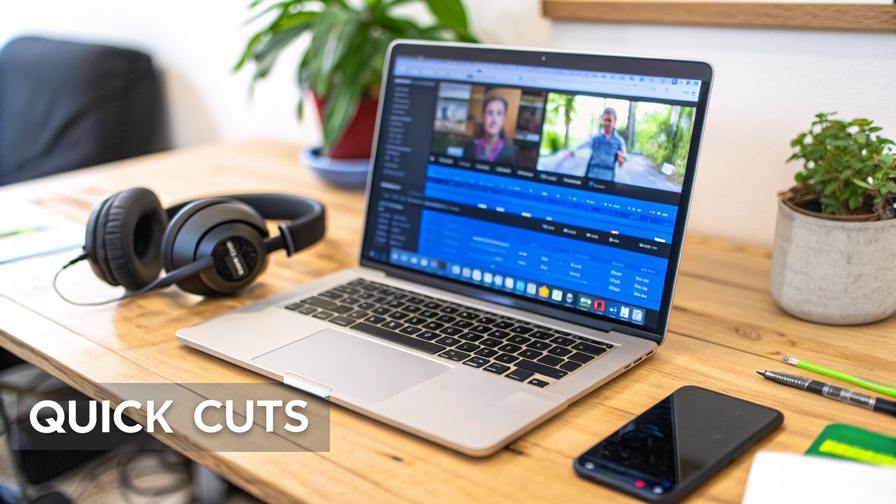 Laptop displaying video editing software timeline with multiple clips on wooden desk workspace