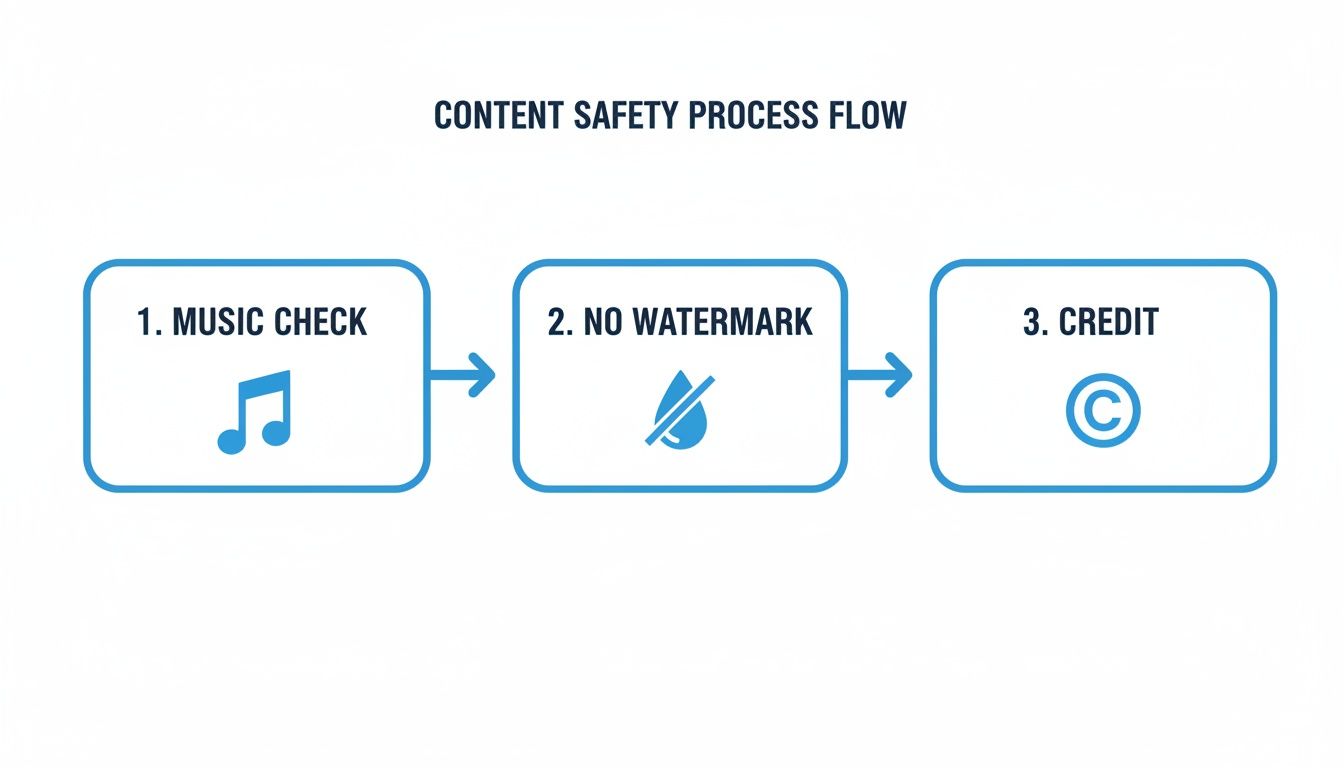 Content safety process flow diagram showing steps for music check, no watermark, and credit.