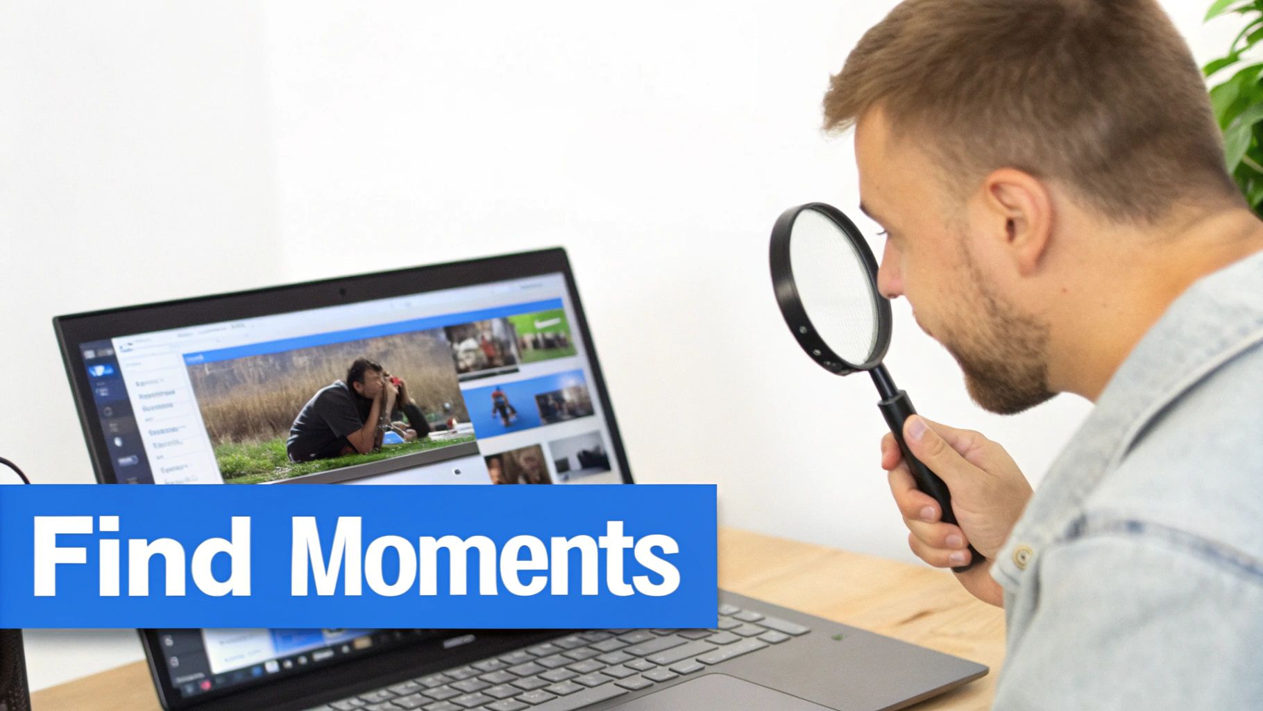 A person pointing at a specific highlighted moment on a video timeline on a computer screen.