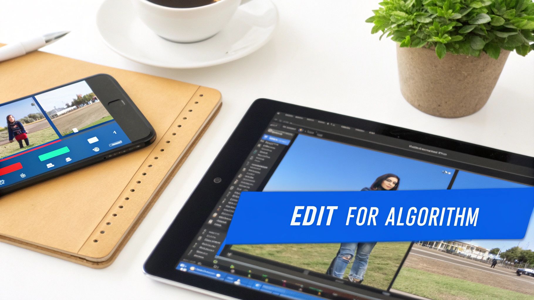 A flat lay shows a phone and tablet editing videos, with 'EDIT FOR ALGORITHM' on the tablet screen.