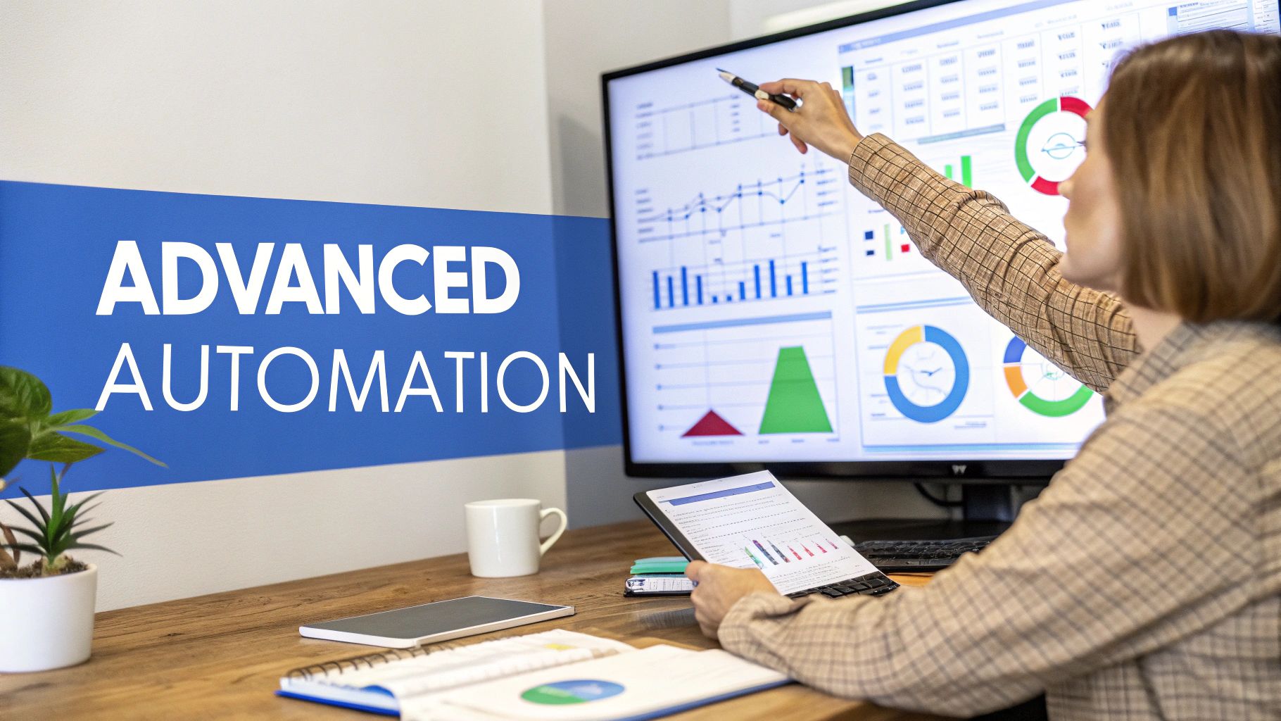 Person pointing at a computer screen displaying charts and 'Advanced Automation' text, analyzing data.