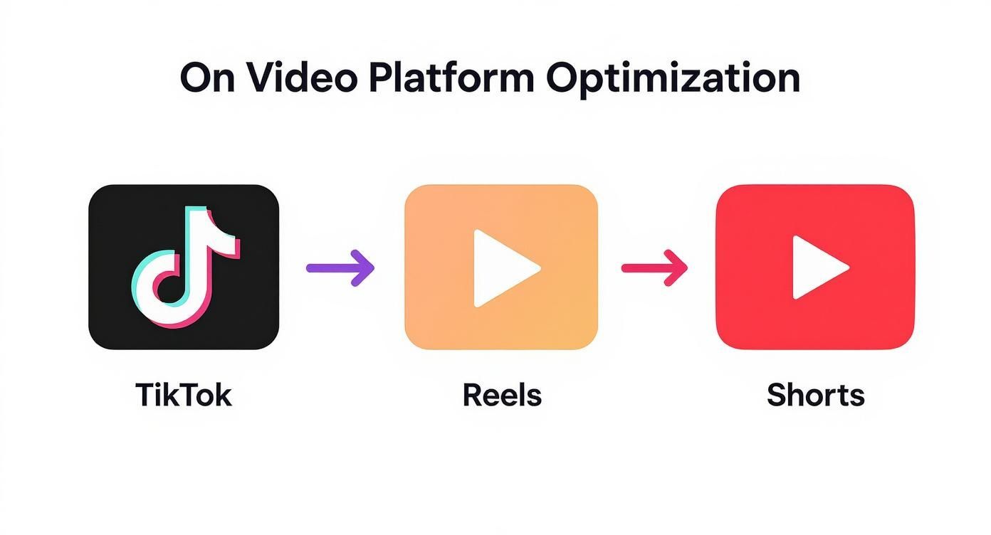 Diagram illustrating a strategy for video platform optimization, showing a flow from TikTok to Reels to Shorts.