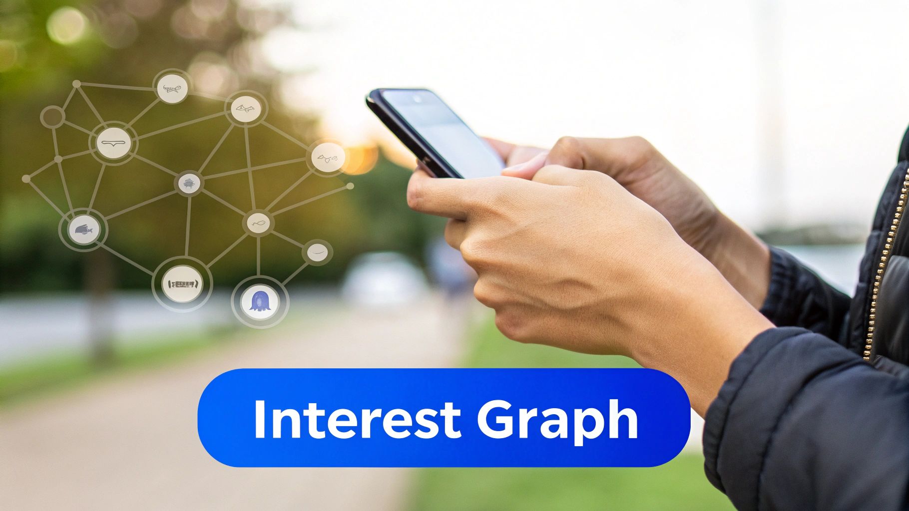 Woman scrolling on her phone, with icons representing likes, shares, and comments floating around, illustrating the TikTok algorithm.