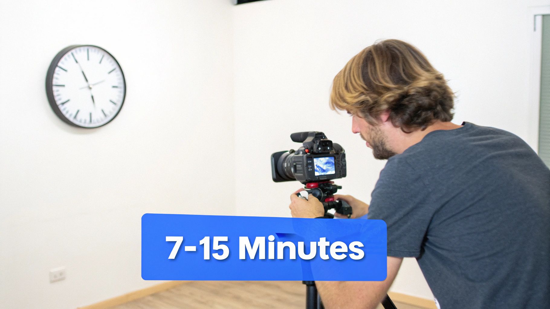 A person watching a YouTube video on a laptop, with a clock in the background showing a time within the 7-15 minute range.