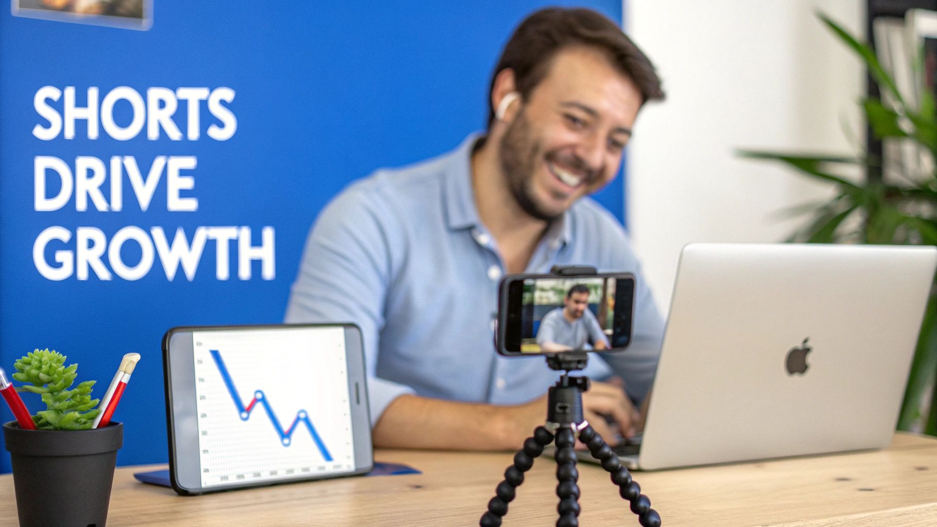 A person editing a YouTube Short on their smartphone, with icons for views and subscribers glowing around the screen.