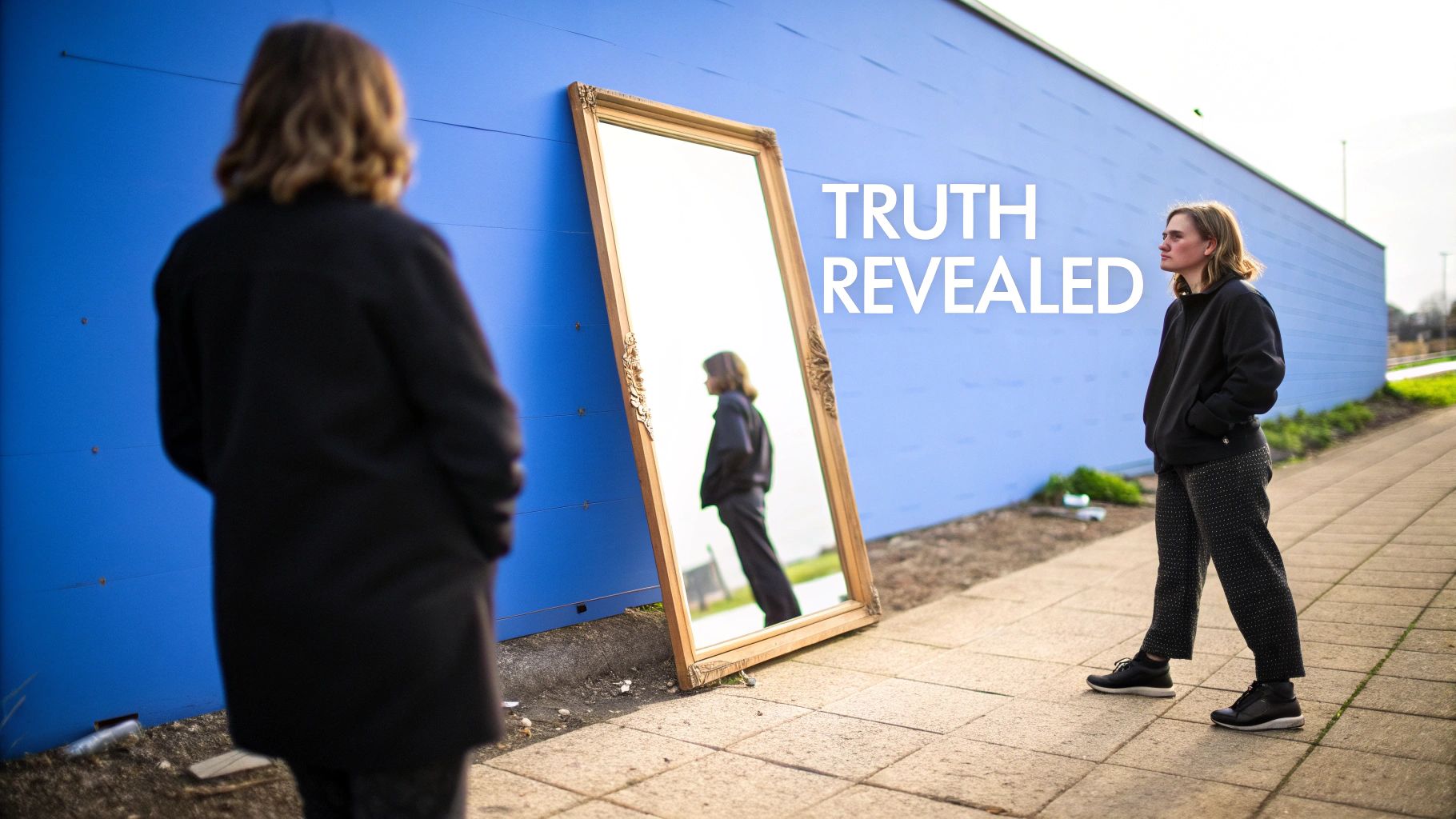 A person observes their reflection in a mirror, revealing another person's presence, with 'TRUTH REVEALED' on a blue wall.