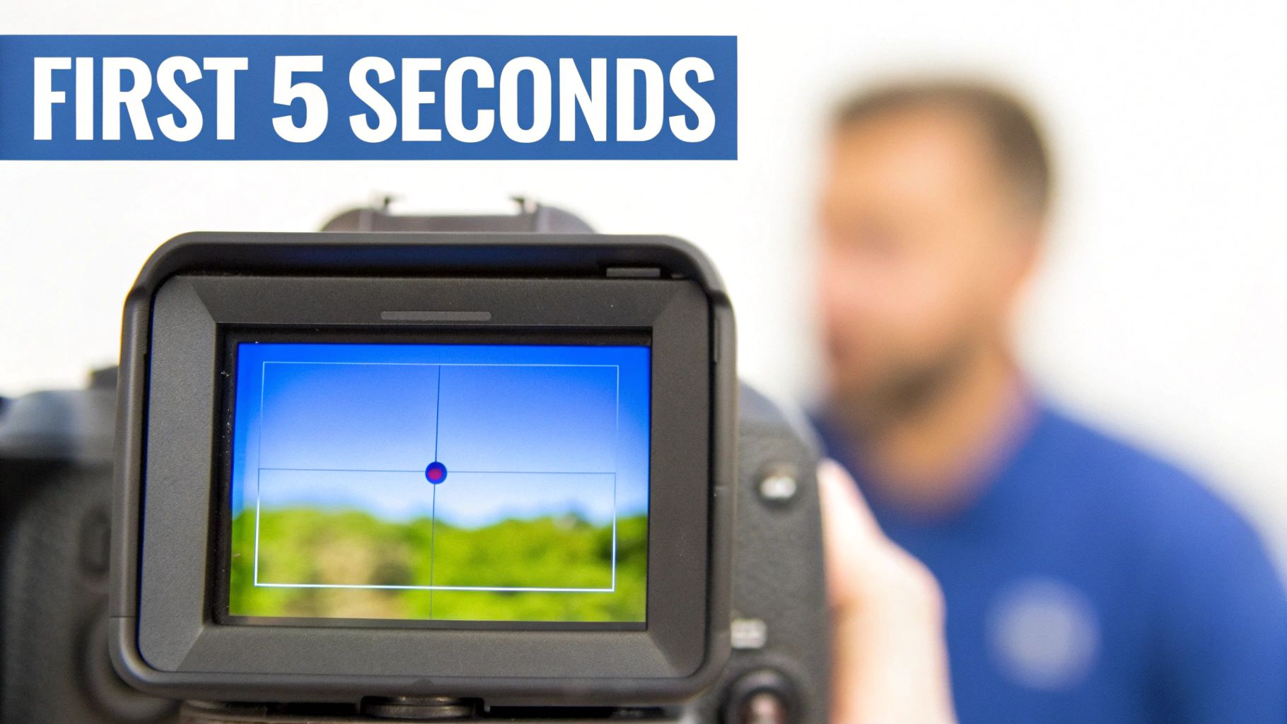 A camera screen displays a clear blue sky and green hills, with a red focus dot and white frame, under a banner saying 'FIRST 5 SECONDS'.