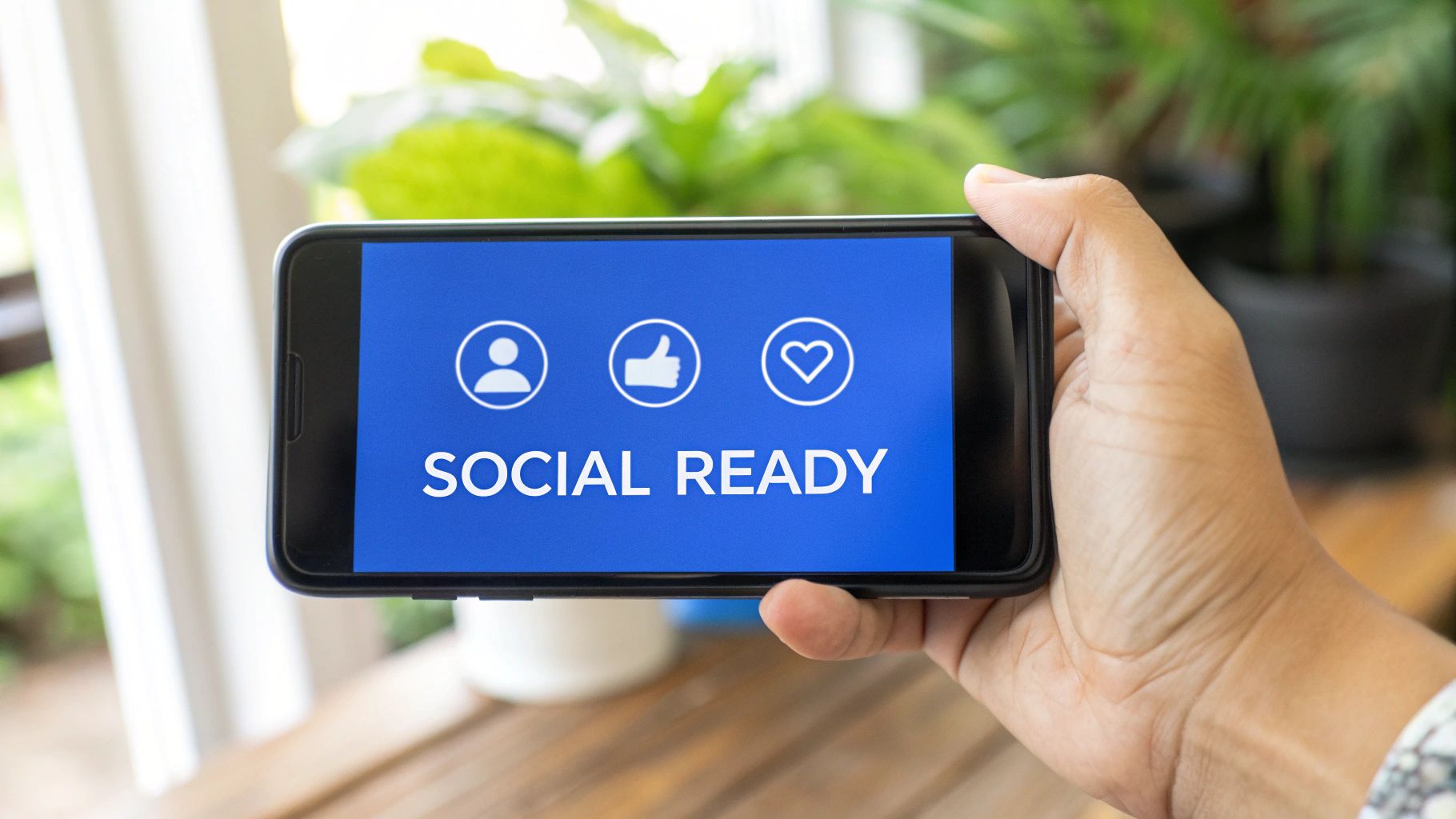 Hand holding smartphone displaying social ready text with user profile, like, and heart icons