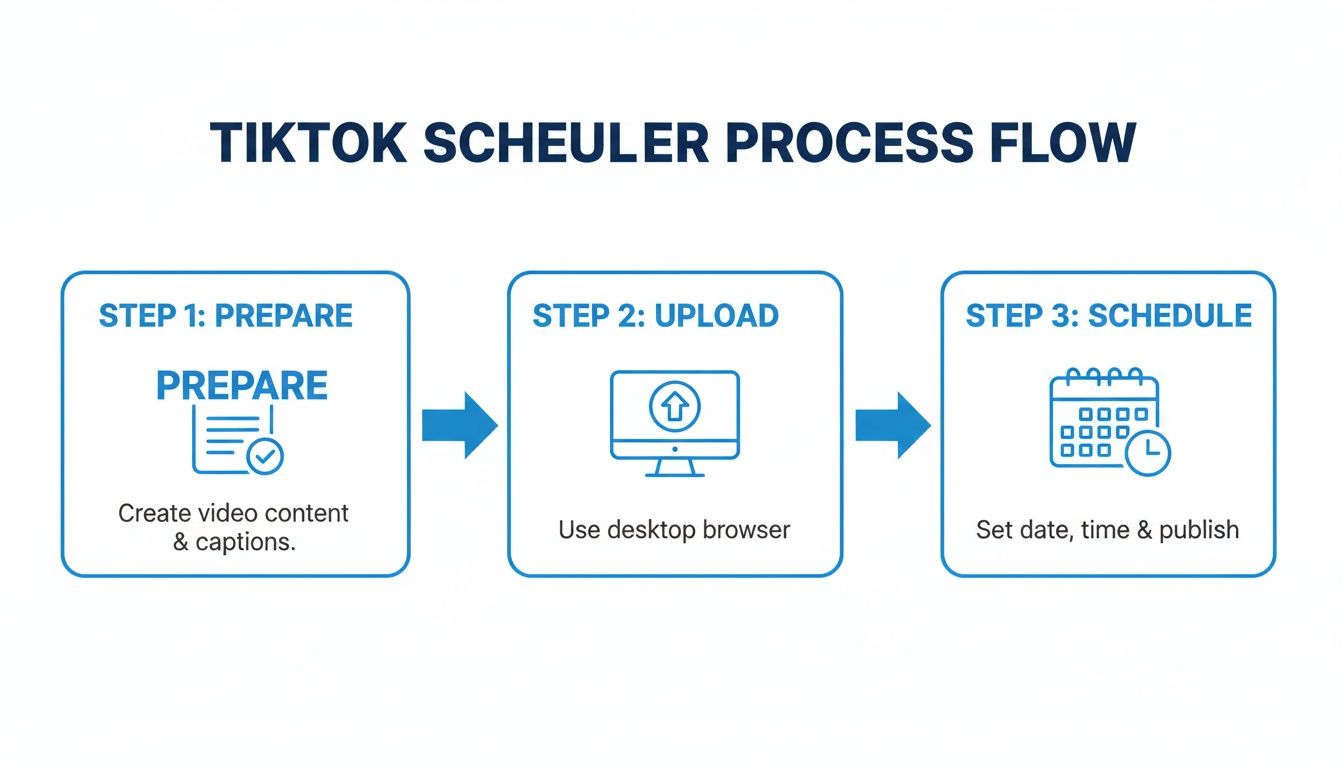 A flowchart illustrating the TikTok scheduler process flow with steps for content preparation, upload, and scheduling.
