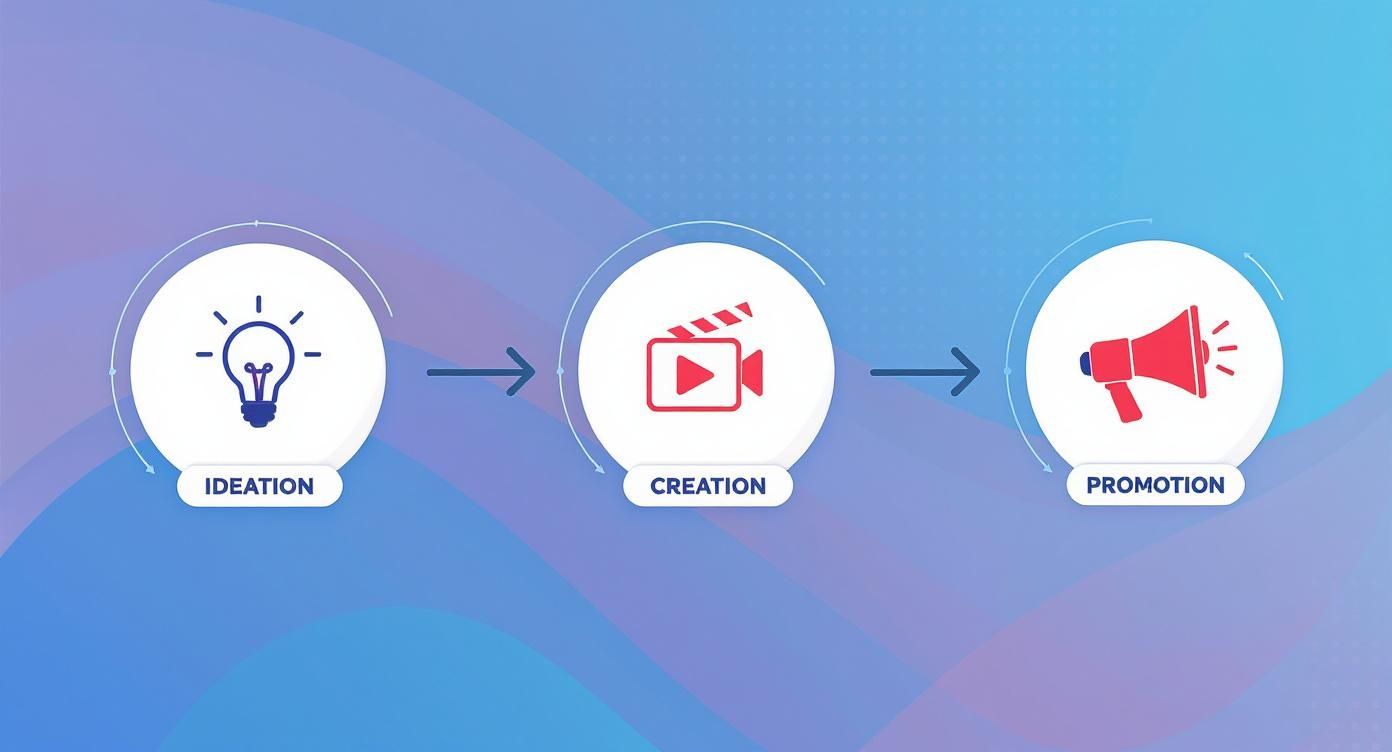A three-step infographic outlining the process of ideation, creation, and promotion, depicted with relevant icons.