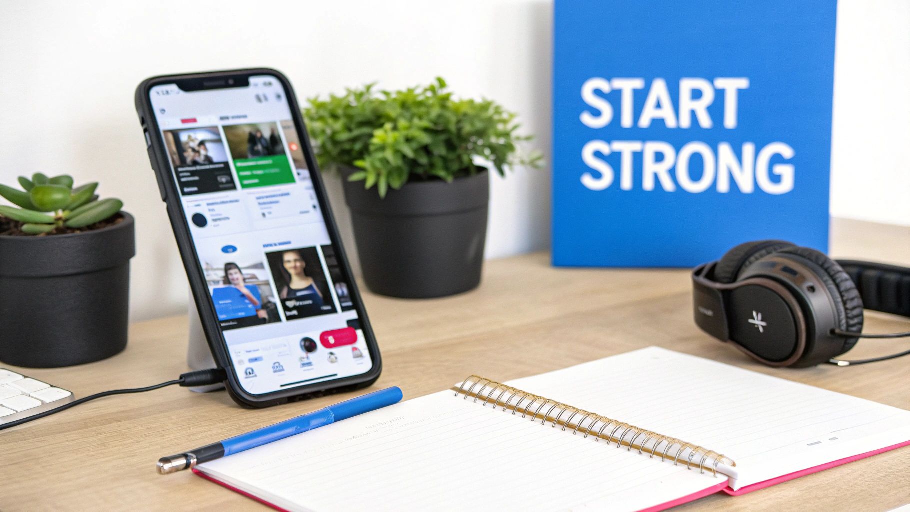 A clean desk setup featuring a smartphone on a stand, plants, headphones, and a 'START STRONG' sign.