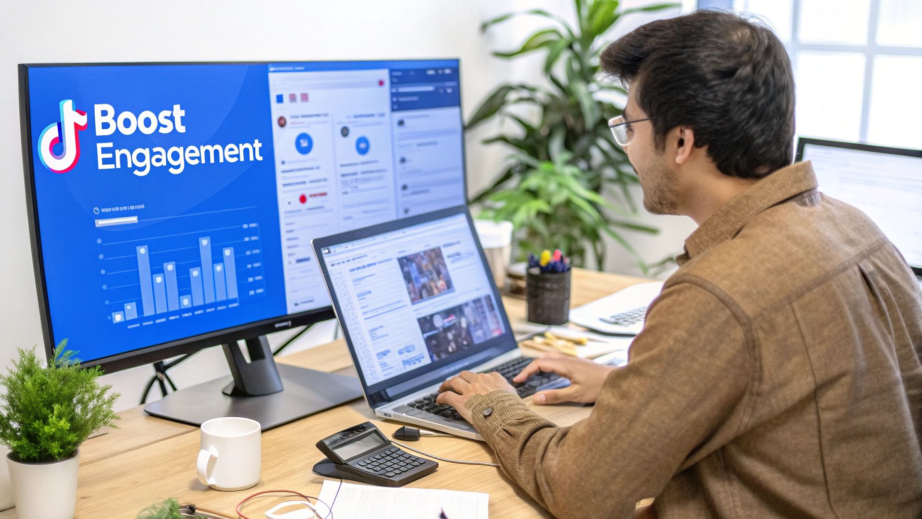 A person managing their TikTok content on a laptop screen with graphs and charts displayed