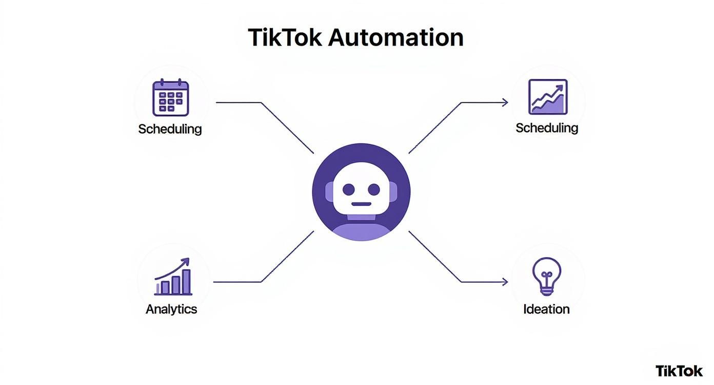 TikTok automation diagram showing robot icon connected to scheduling, analytics, and ideation features