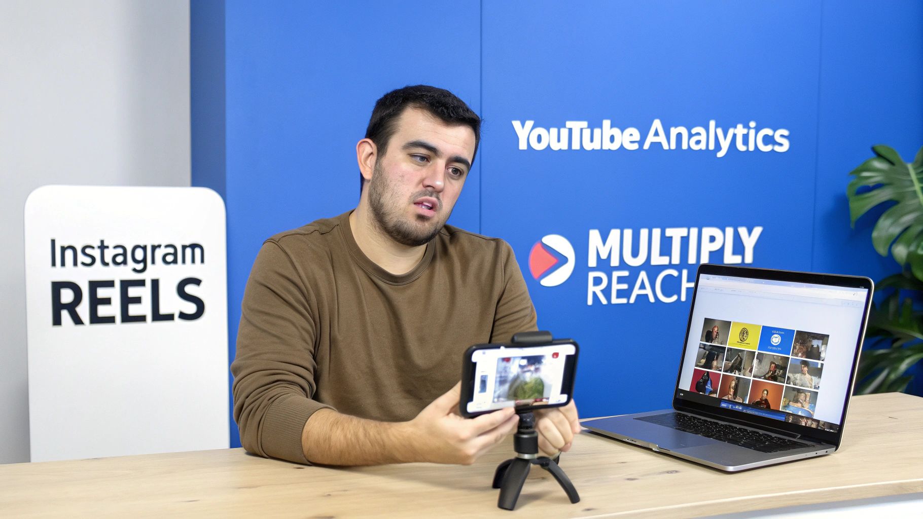 A man recording a video with a smartphone, showing a laptop with video thumbnails and brand logos.