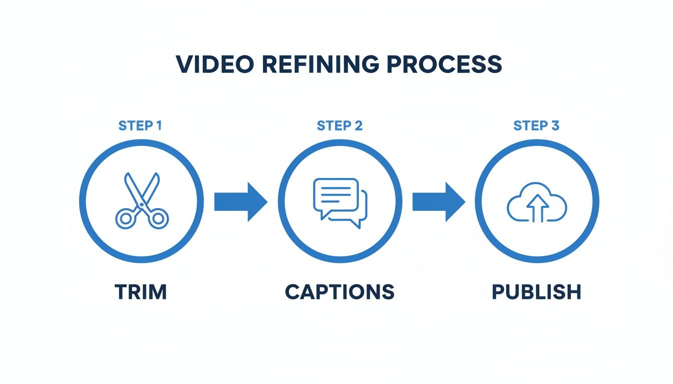 A clear flowchart illustrating the video refining process, including steps for trim, captions, and publish.