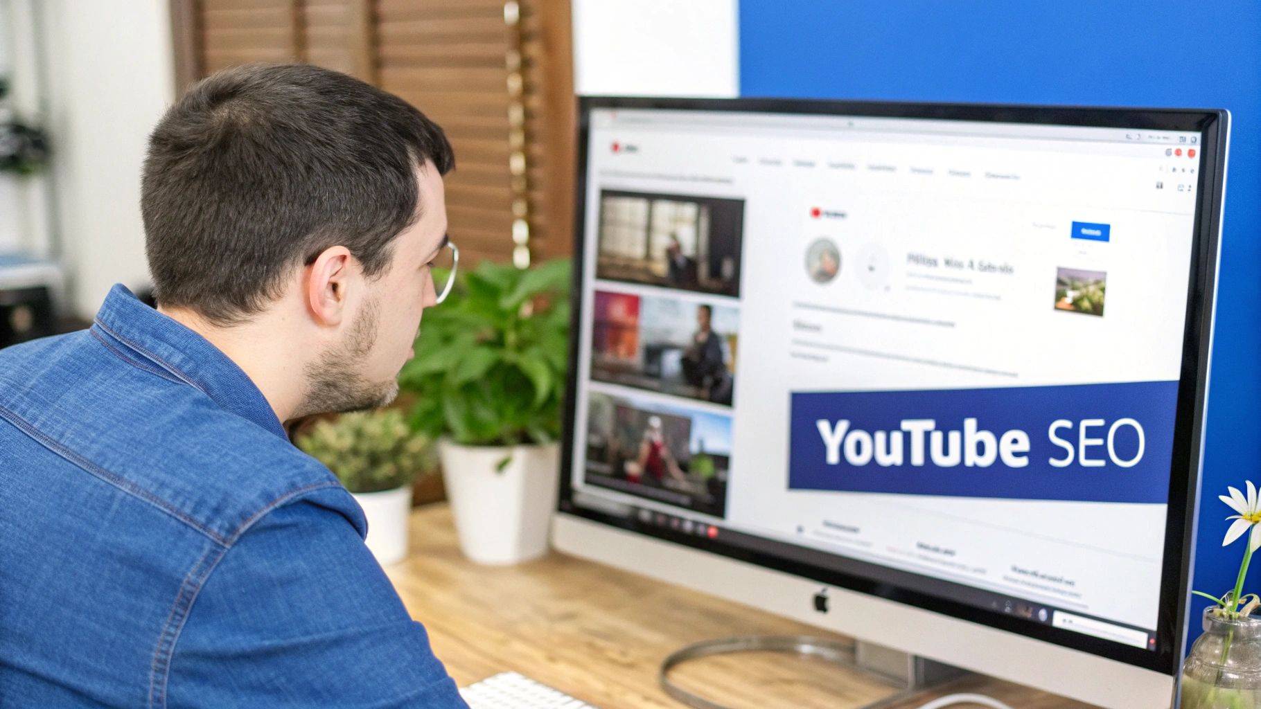 Man in glasses working on a computer showing a YouTube page with 'YouTube SEO' prominently displayed.