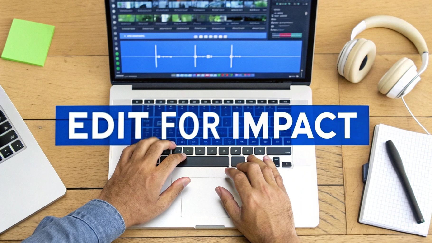 Overhead view of hands editing video on a laptop with 'EDIT FOR IMPACT' text overlay.