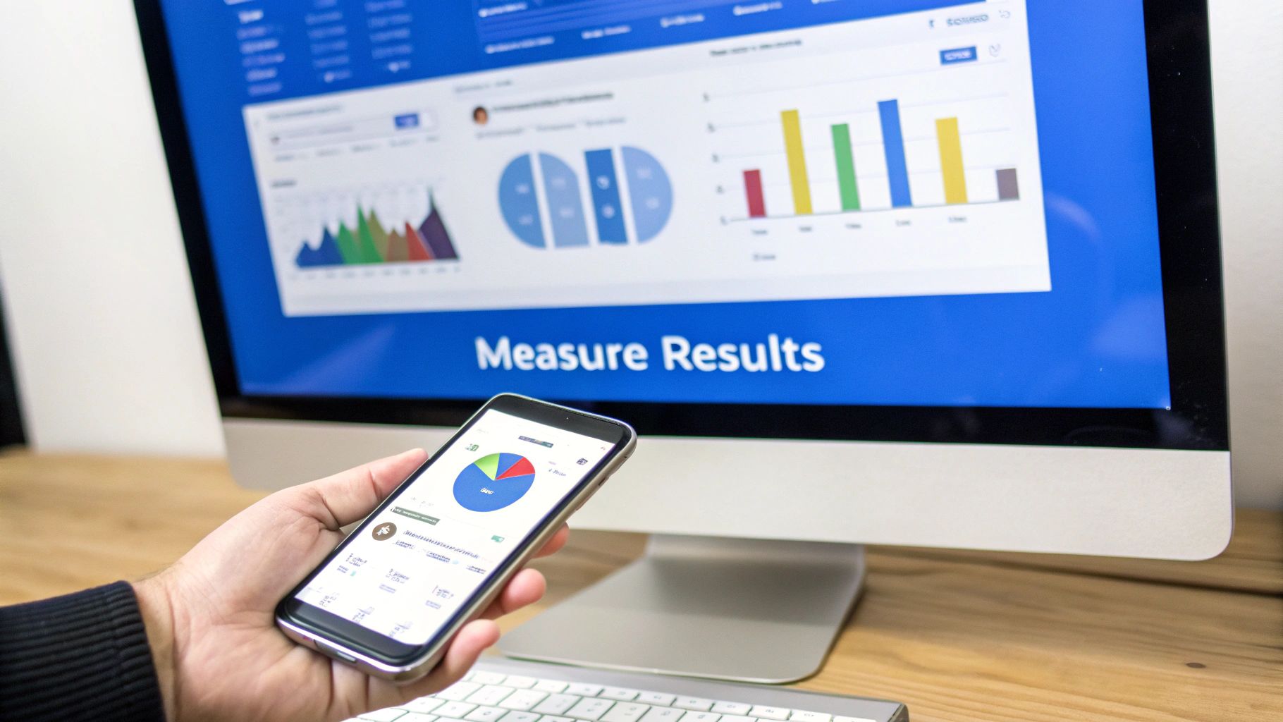 Person holds a smartphone with a pie chart, computer monitor displays data analysis and 'Measure Results'.
