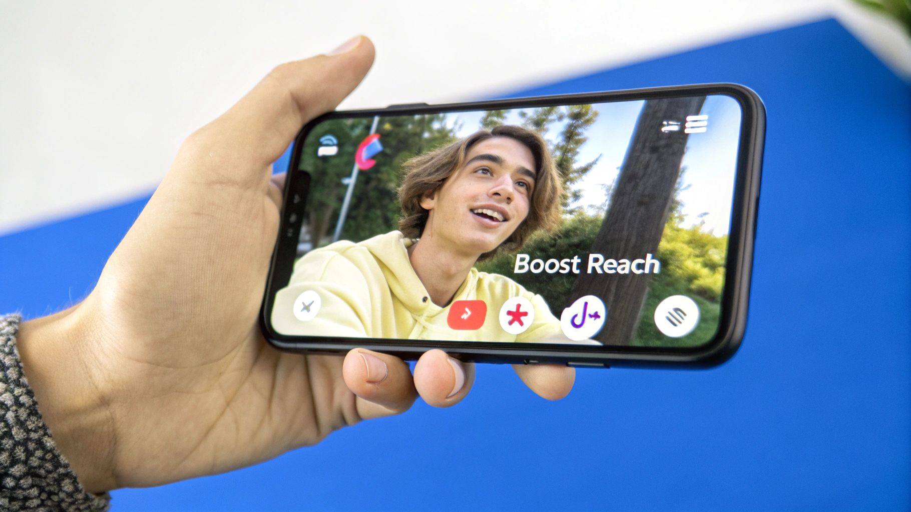 A person’s hands holding a smartphone displaying the TikTok interface, with a colorful video being edited on the screen.