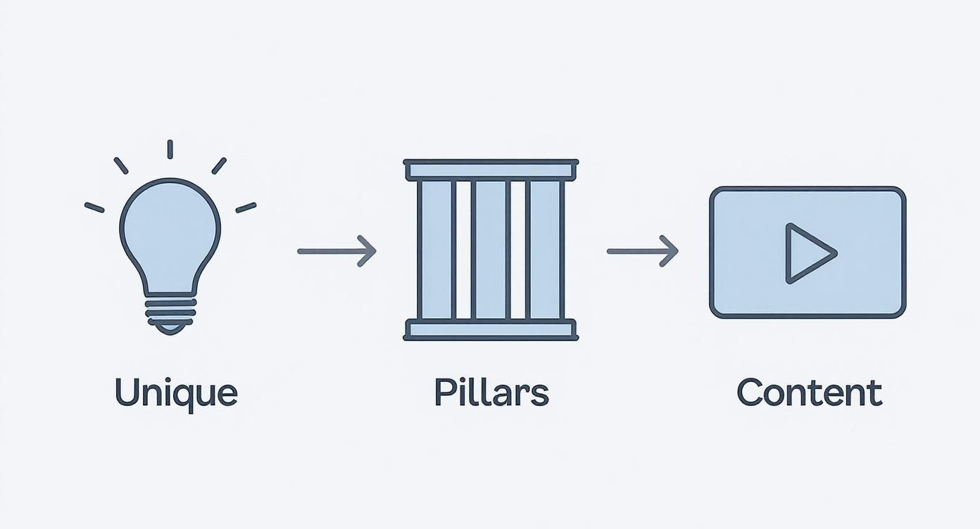 Diagram showing three steps: unique lightbulb idea, pillars foundation structure, and content play button icon