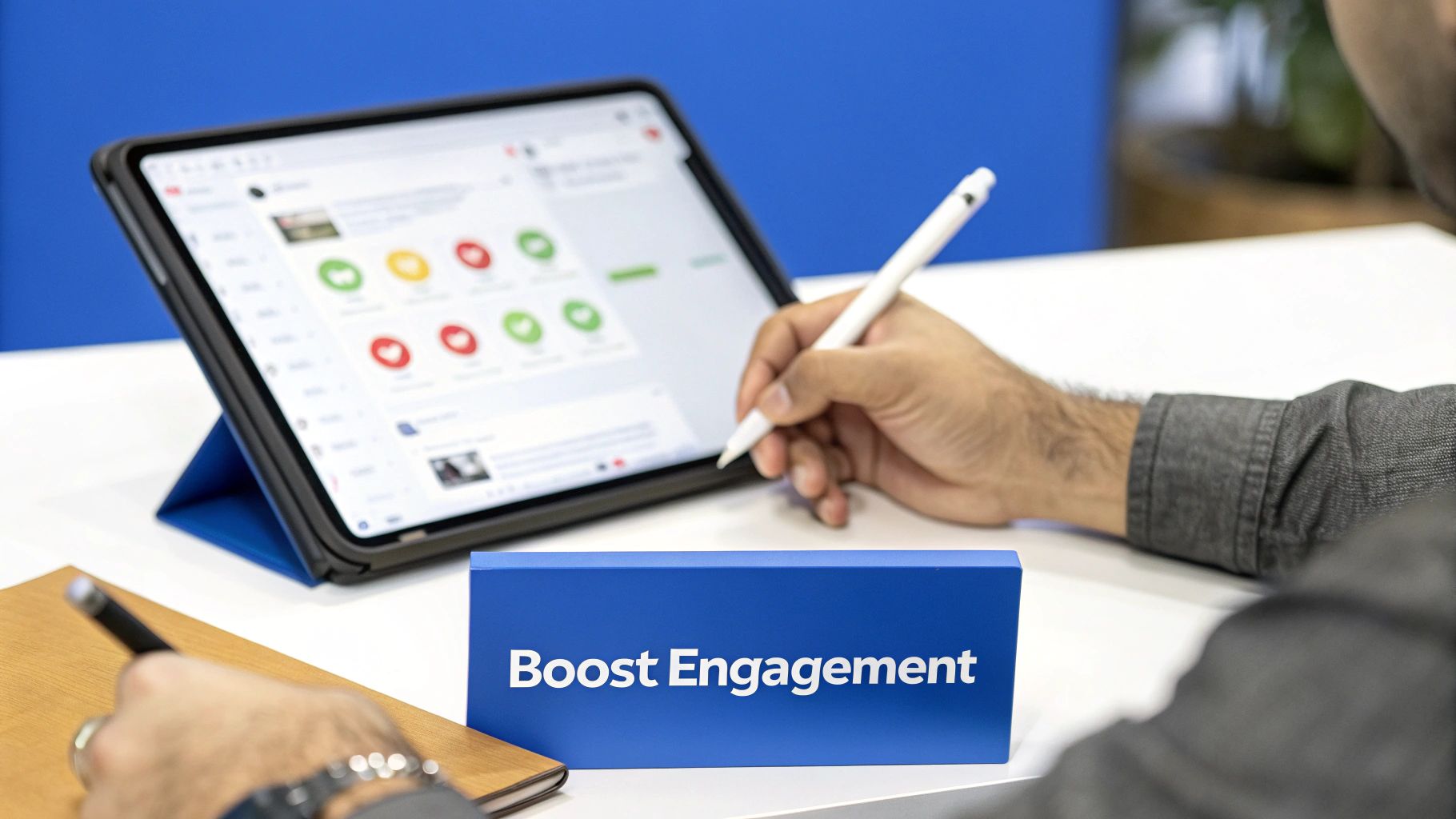 A person uses a stylus on a tablet showing engagement metrics, with a 'Boost Engagement' sign nearby.