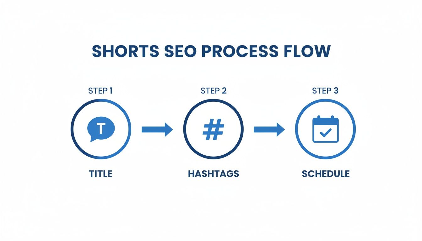 A three-step flow chart illustrating the Shorts SEO process: Title, Hashtags, and Schedule.