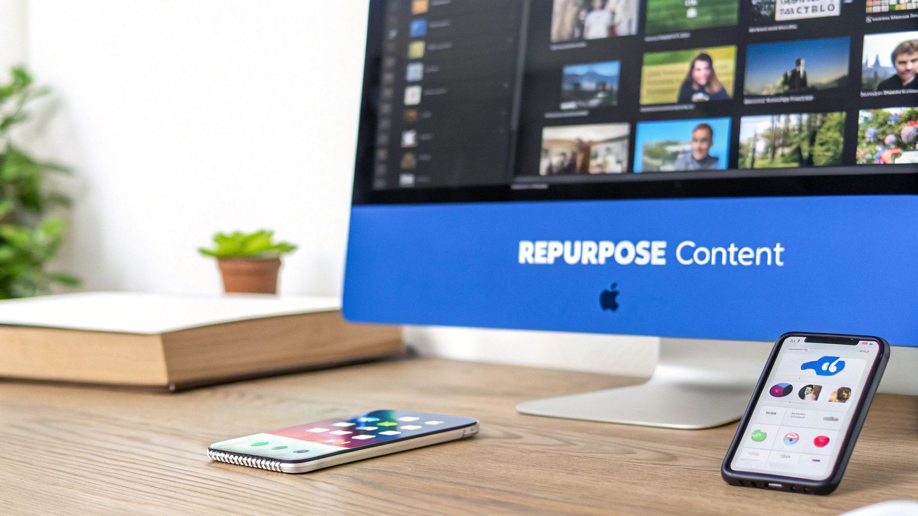 A creator's workspace showing a laptop, camera, and phone, with icons for TikTok and YouTube Shorts, symbolizing a content repurposing workflow.