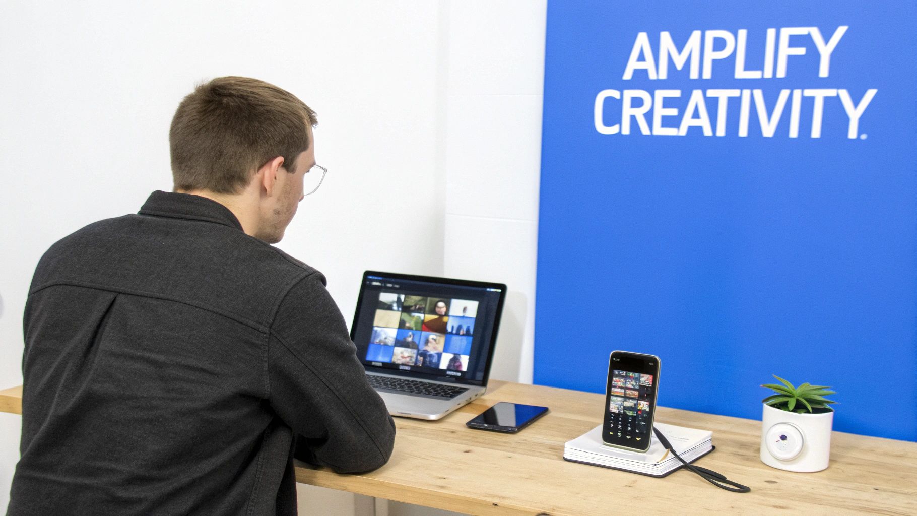 Professional man attending video conference call on laptop in modern office with blue wall
