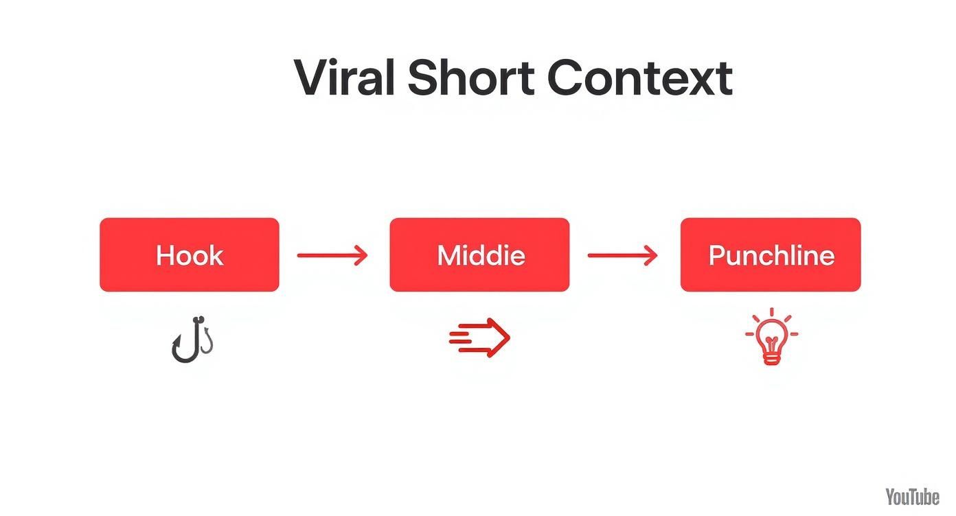 Viral short content structure diagram showing hook, middle, and punchline flow with icons