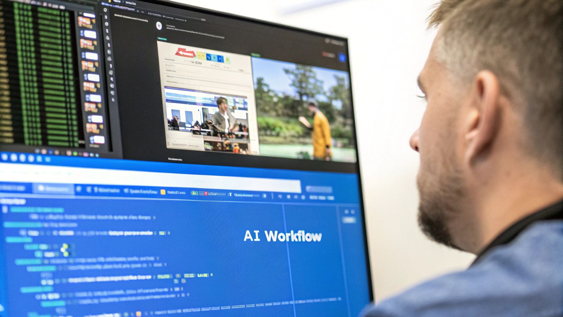 A person editing a short video on their laptop, with AI-suggested clips and captions appearing on the screen.