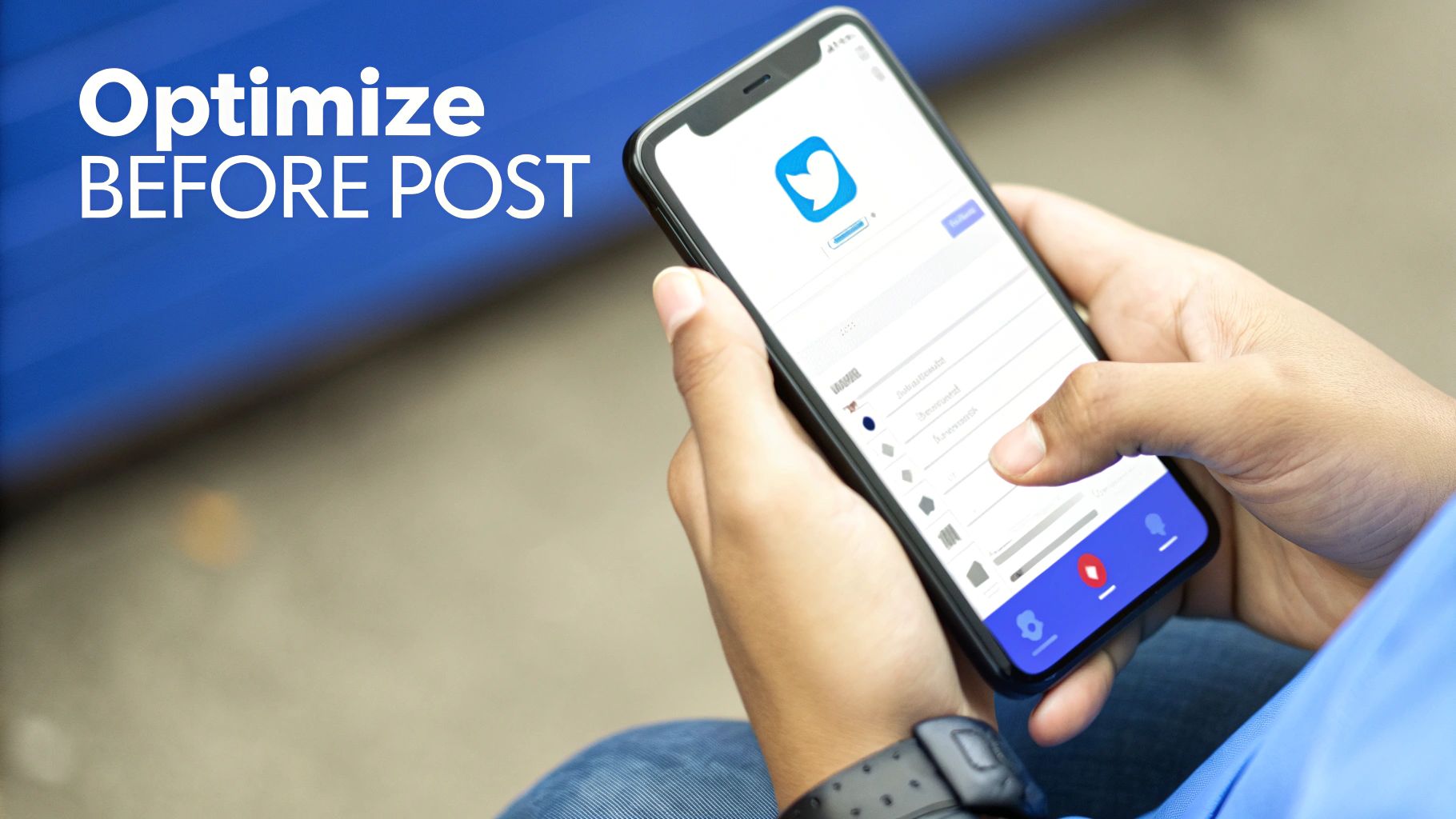 Close-up of hands holding a smartphone displaying the Twitter app, with 'Optimize BEFORE POST' text on a blue background.
