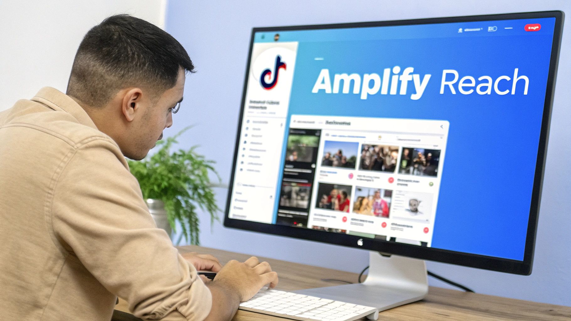 A man at a desk typing on a keyboard, viewing a TikTok 'Amplify Reach' page on his computer.
