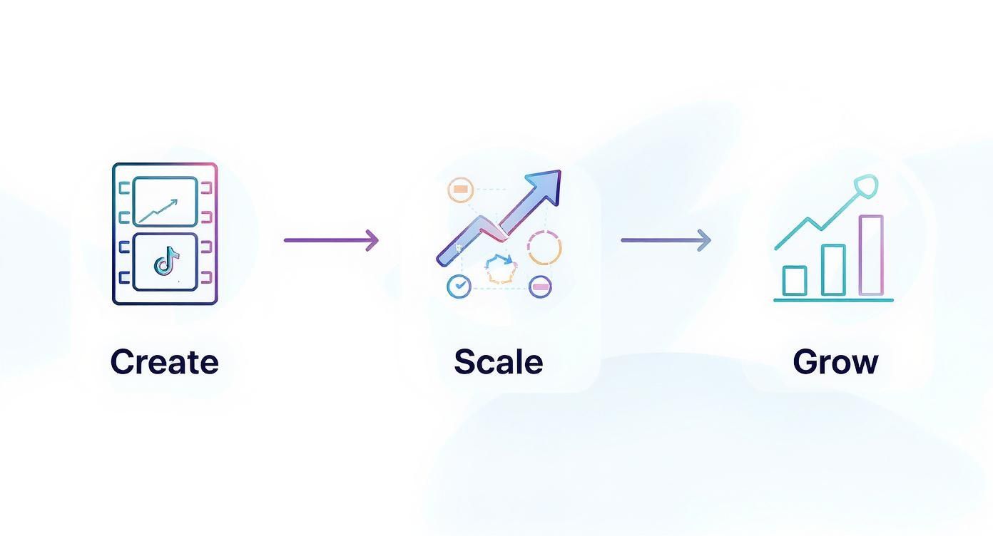 Three-stage business growth process showing create, scale, and grow phases with upward trending charts