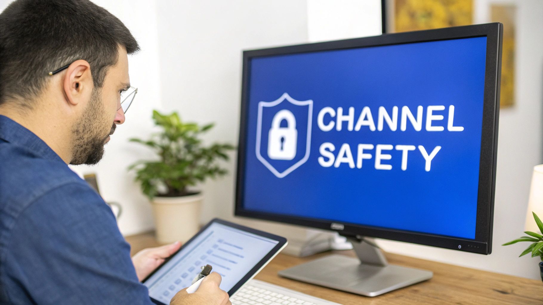 A man uses a tablet while a monitor displays a "CHANNEL SAFETY" message with a padlock icon, highlighting online security.
