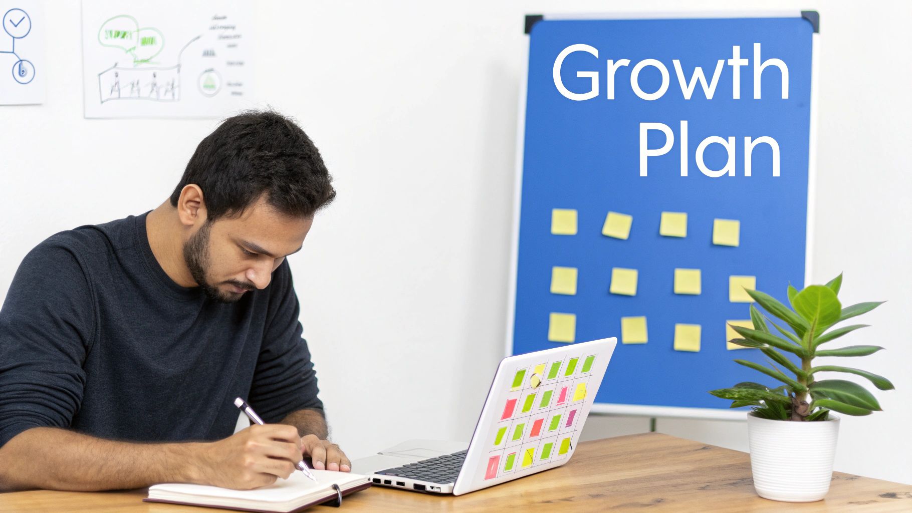 Man writing notes at desk with laptop and growth plan board displaying sticky notes