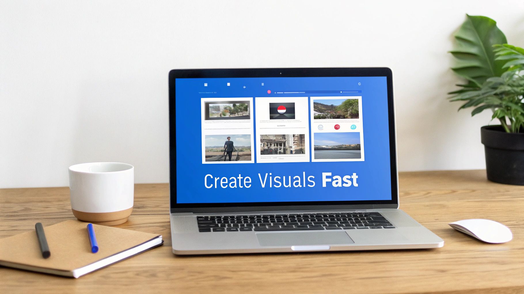Desk setup with a laptop showing 'Create Visuals Fast' software, a mug, notebook, and plant.
