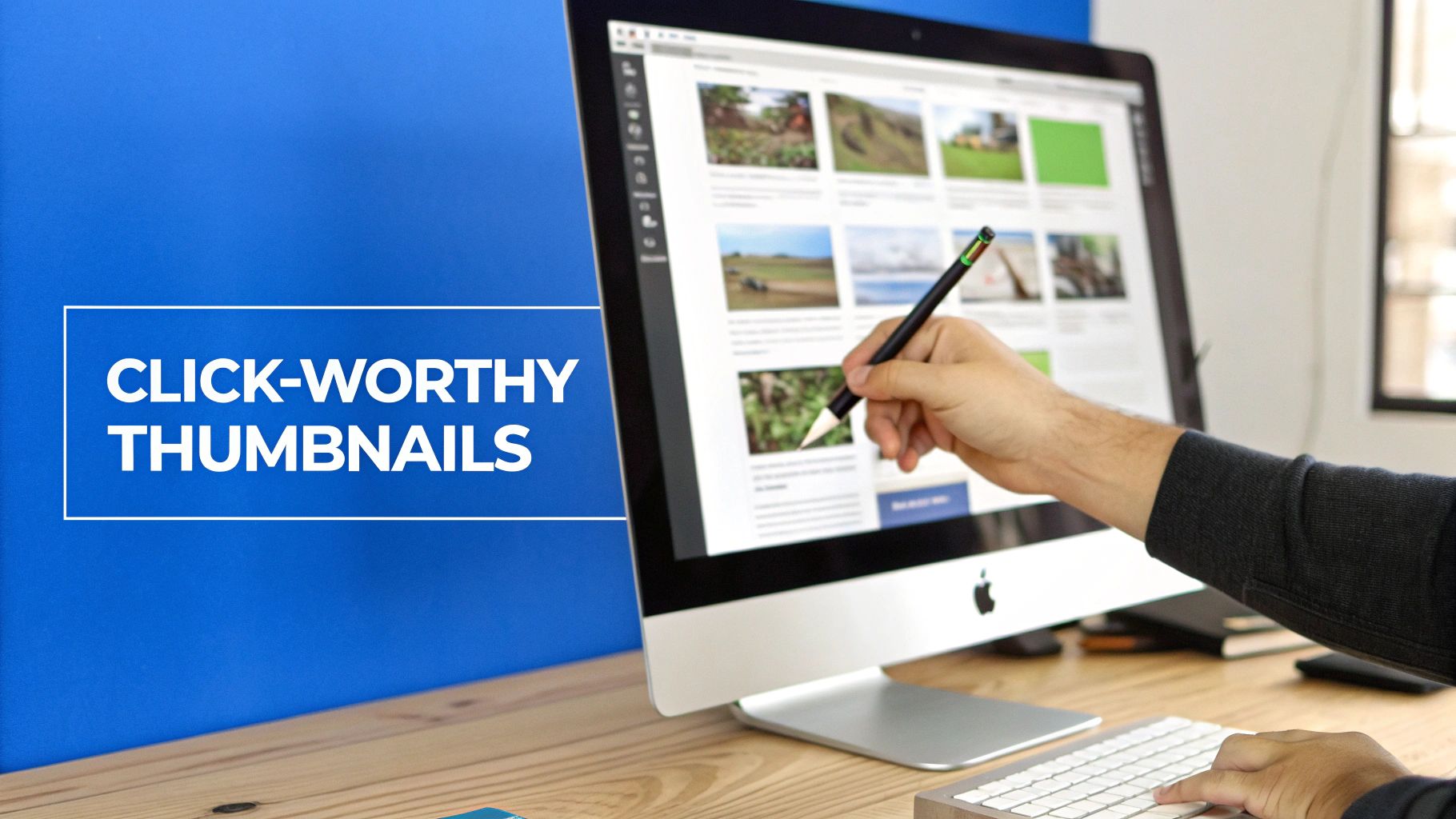 A person's hand with a stylus points at an iMac screen displaying image thumbnails, next to 'CLICK-WORTHY THUMBNAILS' text.