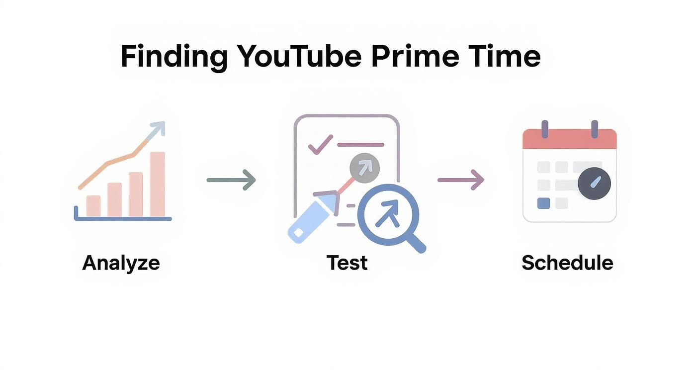 A diagram showing a three-step process to find YouTube prime time: analyze, test, and schedule.