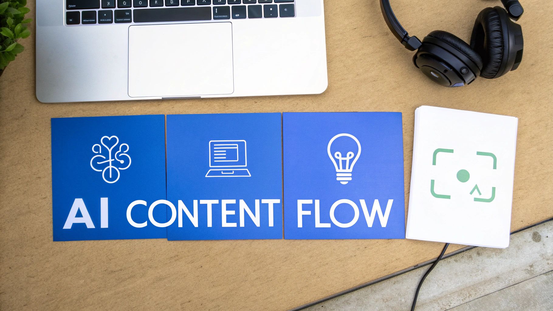 Overhead shot of a laptop, headphones, and three blue cards displaying 'AI CONTENT FLOW' with icons.