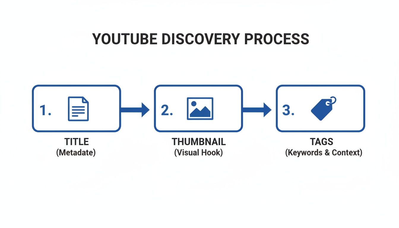 Flowchart outlining the YouTube discovery process: Title (Metadata), Thumbnail (Visual Hook), and Tags (Keywords & Context).