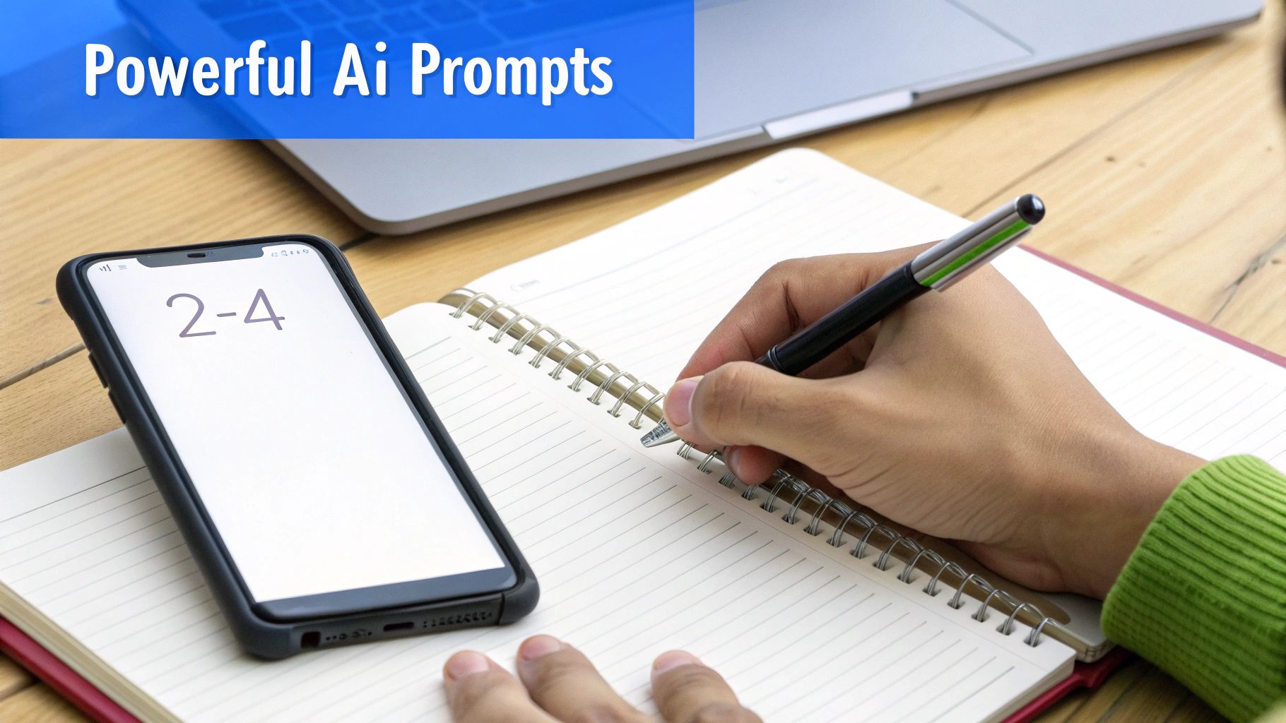 A person's hand writing in a notebook next to a smartphone, with a "Powerful Ai Prompts" banner.