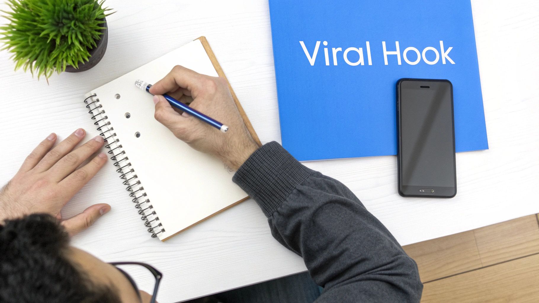 Person writing viral hook ideas in notebook next to smartphone for YouTube Shorts content creation