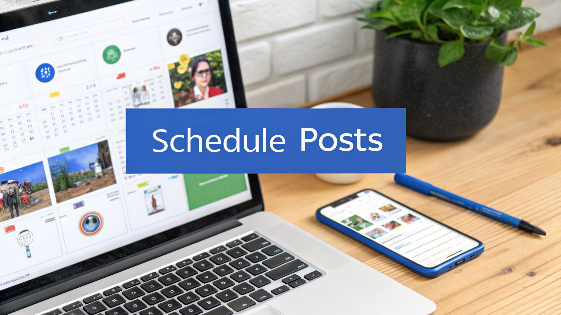 A laptop and smartphone display social media dashboards with a 'Schedule Posts' text overlay, symbolizing content management.