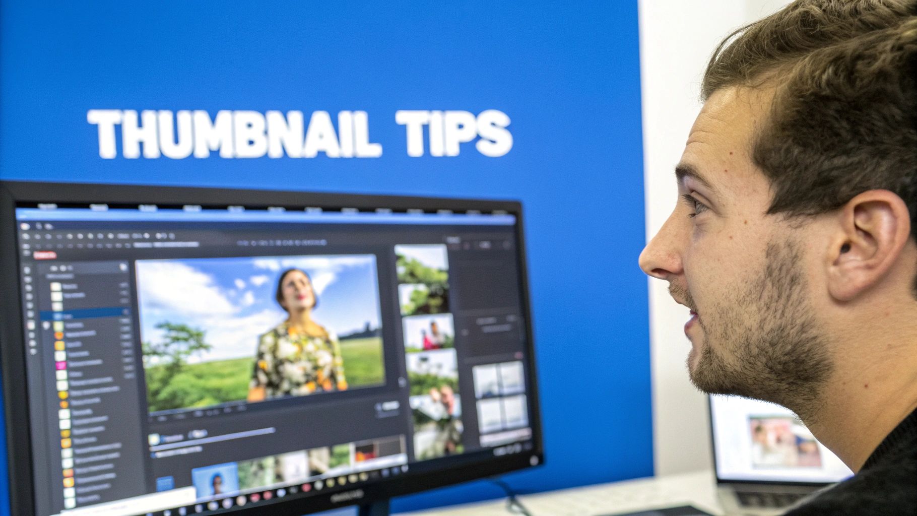 A custom YouTube thumbnail design showing a person with an expressive face, bold text, and vibrant colors.