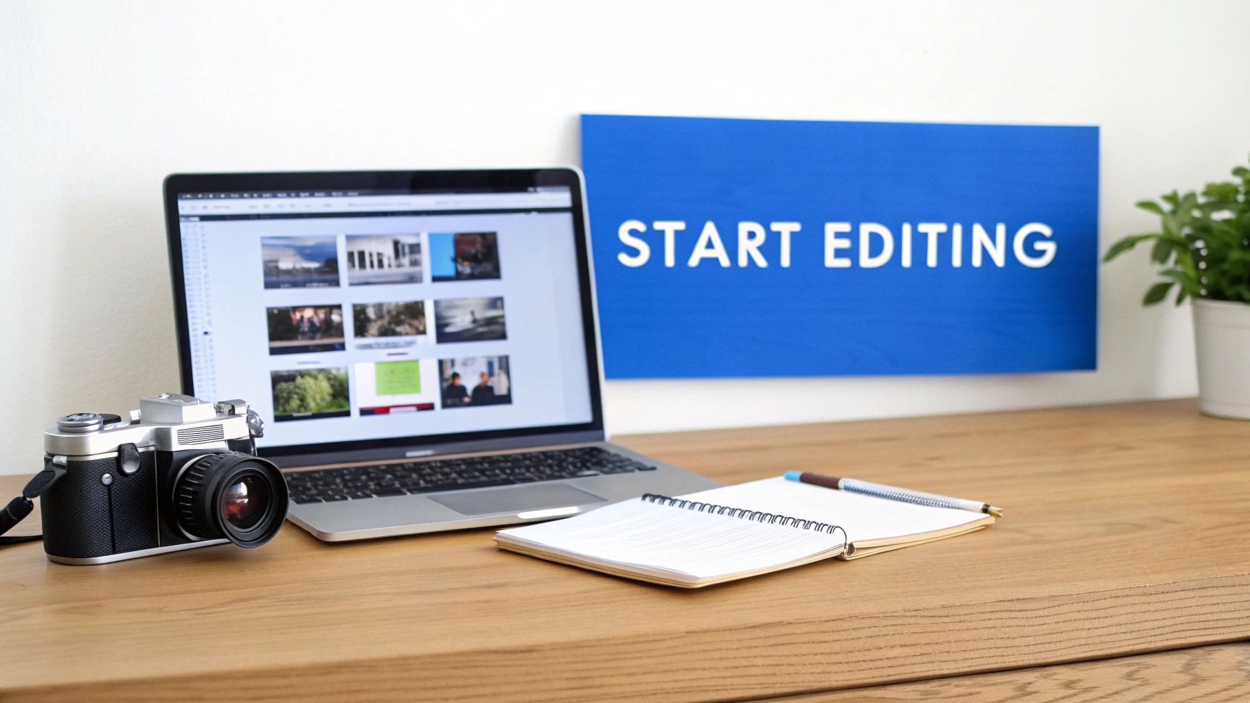 A creative workspace with a laptop showing photo editing software, a vintage camera, and a 'START EDITING' sign.